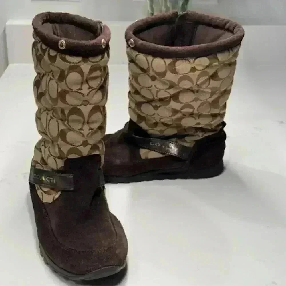 Coach Juniper Brown Suede Signature Jacquard Winter Boots Women's Size 8B